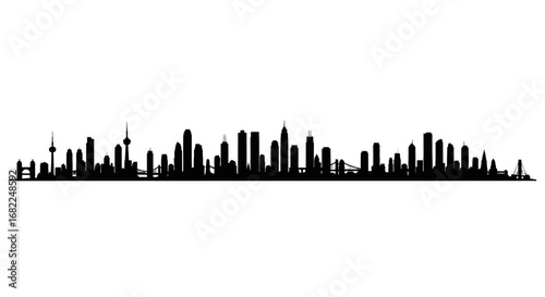 Silhouette of a sprawling modern city skyline with diverse architectural styles.