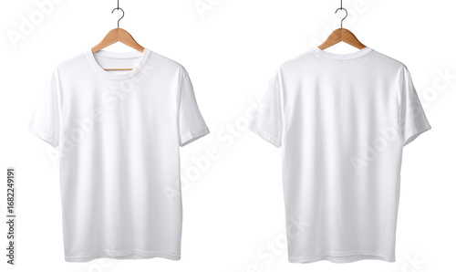 Two identical white t-shirts on wooden hangers