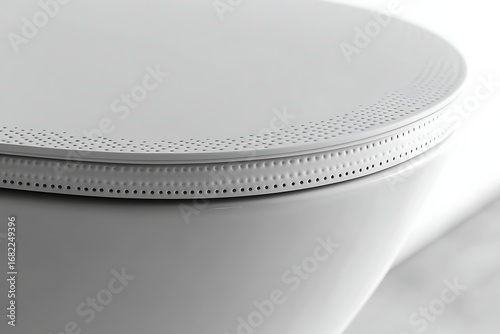 Close-up of a sleek, white toilet seat with a perforated design detail