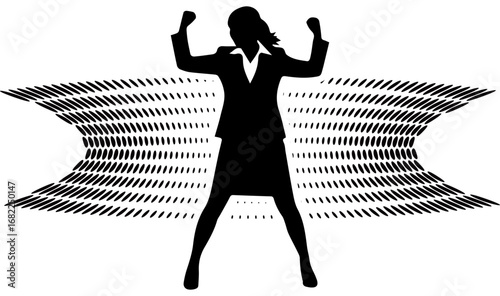 A bold silhouette of an energetic businesswoman with dynamic motion lines expressing power and confidence. Perfect for themes like empowerment, workplace motivation, and female leadership.