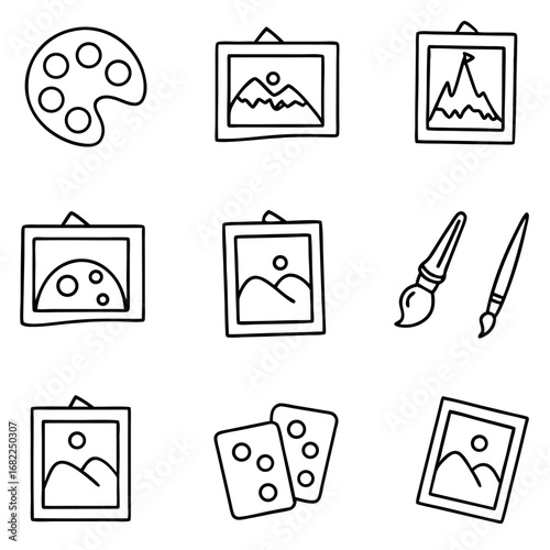 Art gallery icons showcasing framed pictures, palettes, and brushes representing artistic expression and creativity
