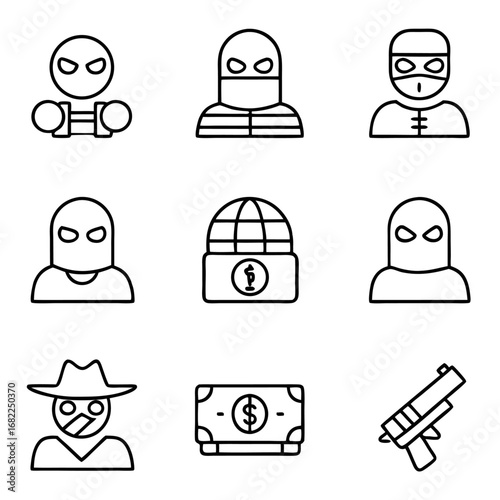 Set of nine crime and thief icons for robbery, violence, and illegal concepts