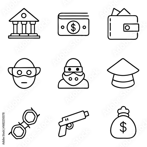 Set of nine crime and money icons for finance, robbery, and security concepts