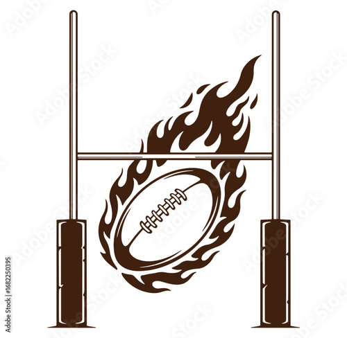 Rugby ball on fire vector illustration with goal posts concept for sport and championship