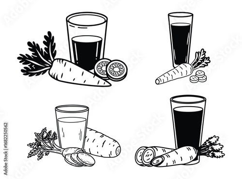 Black and white illustrations of fresh carrot juice, carrots, and carrot slices.
