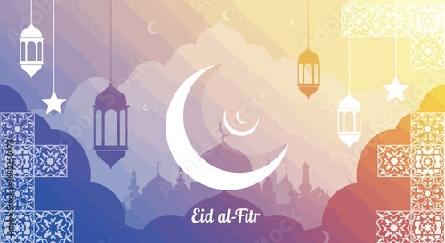 Elegant Eid al-Fitr Vector Background with Crescent Moon, Lanterns, and Mosque Silhouette