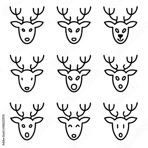 Christmas reindeer icon set with cute cartoon deer heads and antlers