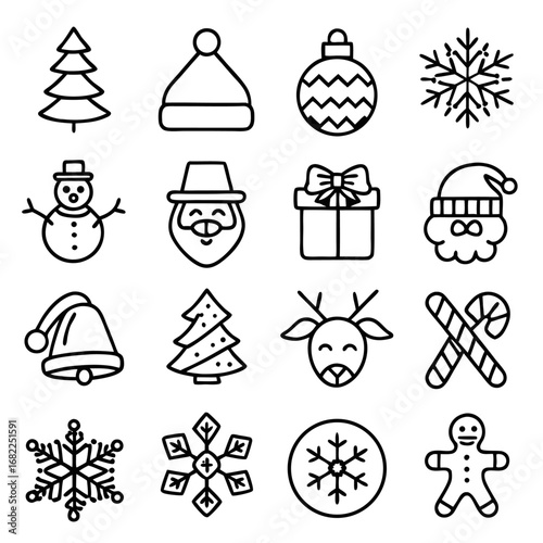 Collection of christmas icons for holiday season and winter celebration with festive elements
