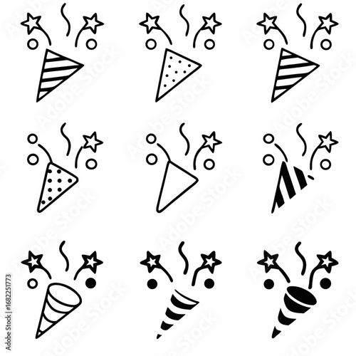 Collection of party poppers with confetti and stars for festive celebrations