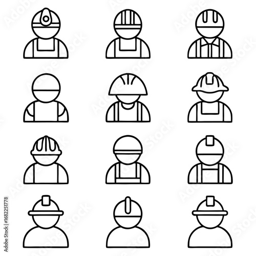 Set of construction worker avatars with helmets for various professions
