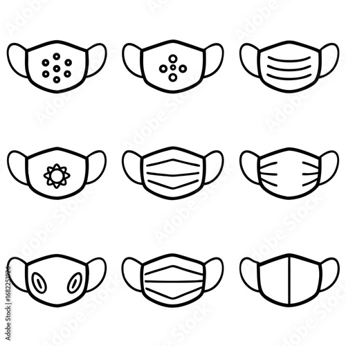 Collection of nine different designs of face masks for protection