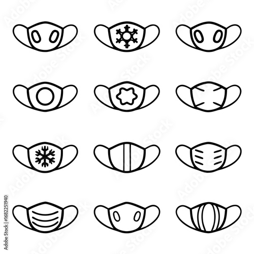 Collection of various face mask icons for protection against viruses and diseases