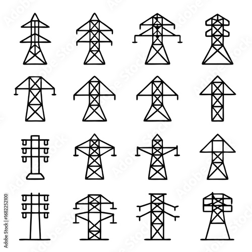 Collection of black outline electricity pylon or power line transmission tower icons