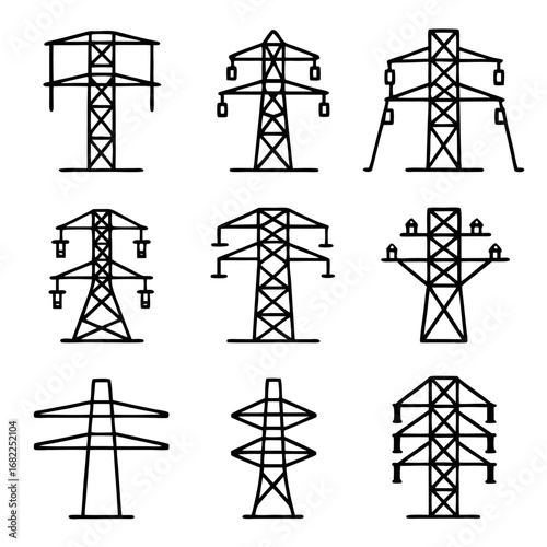 Set of black outline electricity pylon or power line transmission tower icons