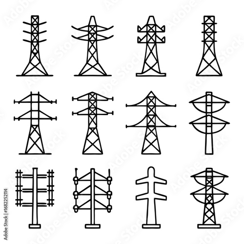 Set of various electricity transmission tower, power line pylon illustration
