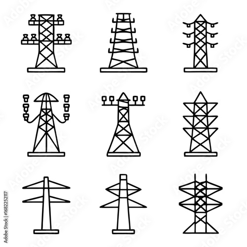 Set of various electricity transmission tower, power line pylon illustration