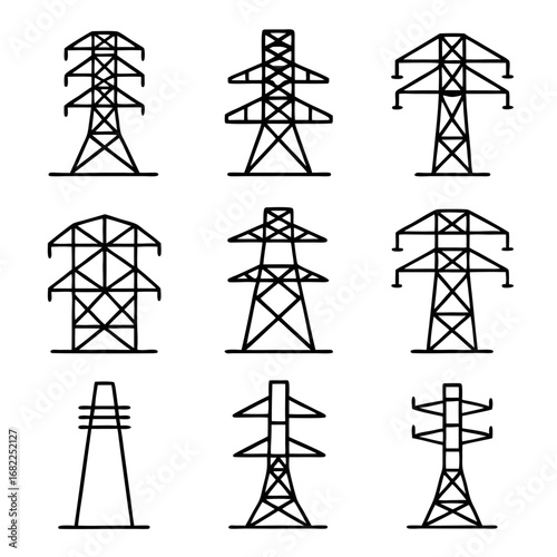 Set of various electricity transmission tower, power line pylon illustration