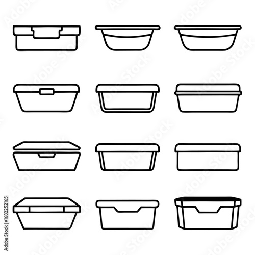 Collection of various plastic food container icons with lids