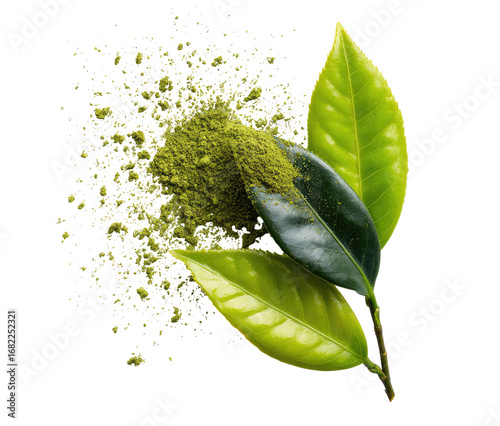 Green tea powder exploding over fresh leaves