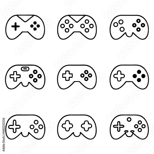 Collection of modern game controller icons, representing various designs for gaming consoles and interactive entertainment
