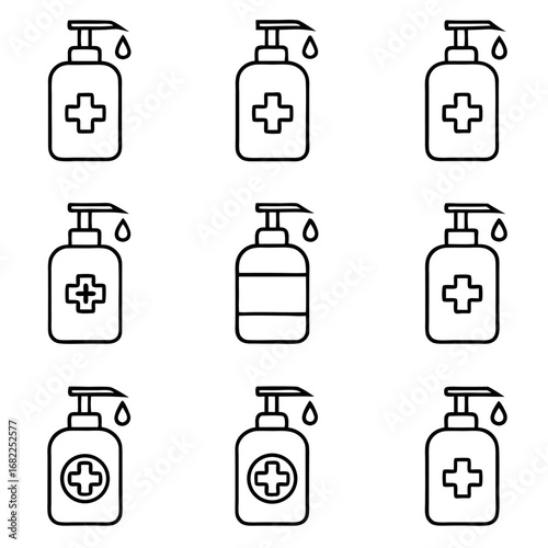 Collection of hand sanitizer bottles with pump for hygiene and health care concept