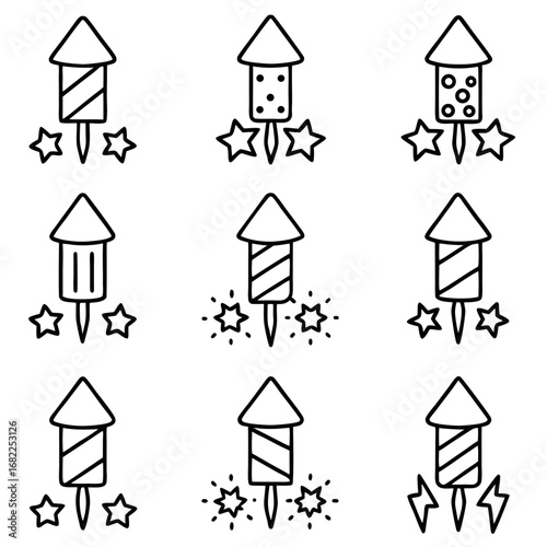 Set of nine outline firecracker icons for festive celebrations and graphic design