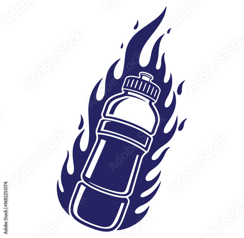 Vector illustration of a water bottle surrounded by fiery flames representing hydration and energy