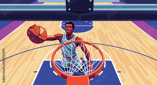 Stylized illustration of a basketball player in mid-air, about to slam dunk the ball through the hoop on a colorful court.