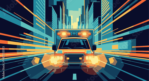 Stylized illustration of an emergency ambulance speeding through a modern city at night with lights blazing.