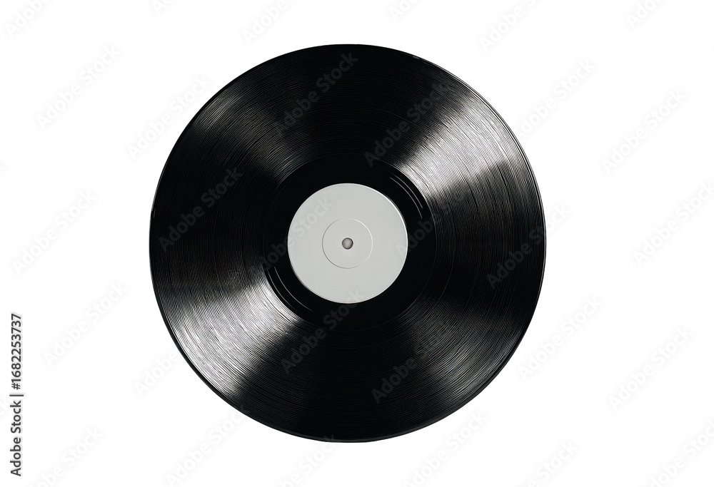 Obraz premium Close-up of a vintage vinyl record. Black vinyl, circular, with a white label
