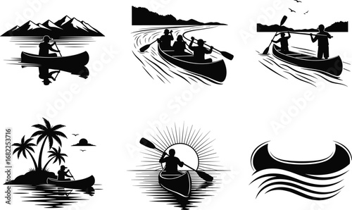 Canoeing adventure vector set, lake paddling, river kayaking, tropical island sunset, outdoor recreation, nature exploration, black and white sketch illustration
