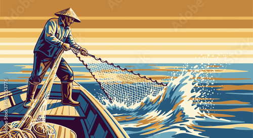 Graphic illustration of a traditional fisherman in a conical hat hauling a net from the choppy sea into his wooden boat.