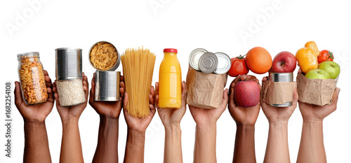 Diverse hands holding various food items against a black background (1)
