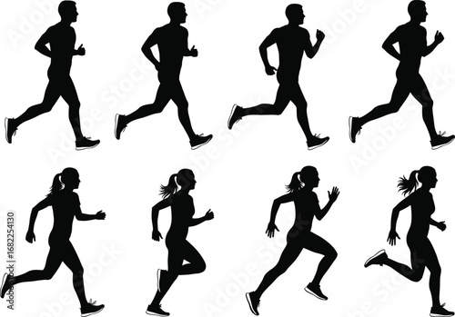 Running silhouette vector illustration, male and female athletes, dynamic motion, sports biomechanics, fitness training, profile view, black figures, athletic movement