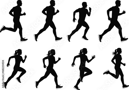 Running silhouette vector illustration, male and female athletes, dynamic motion poses, fitness training concept, sports biomechanics, profile view, editable graphic asset