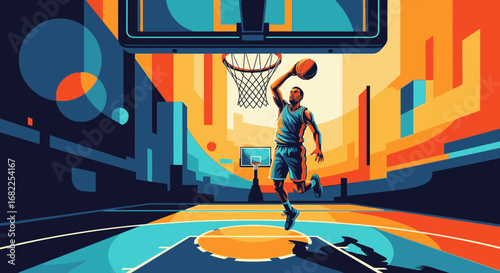 A dynamic graphic illustration of a basketball player soaring through the air to slam dunk the ball in a vibrant, stylized arena.
