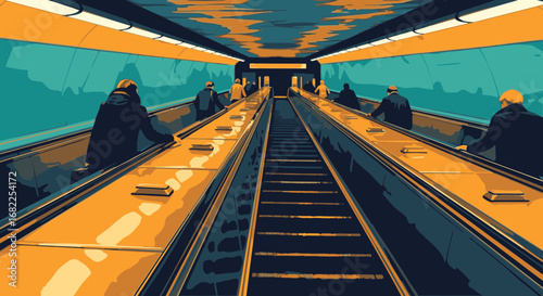 Stylized illustration of commuters on parallel escalators in a modern, futuristic subway station with a yellow and teal color palette.
