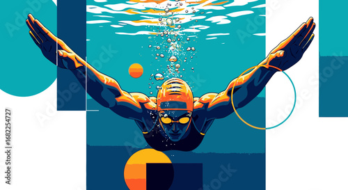 A dynamic graphic illustration of a muscular athlete swimming the butterfly stroke underwater, surrounded by abstract geometric shapes.