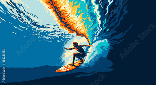A dynamic illustration of a surfer riding a massive ocean wave that transforms into a fiery crest.