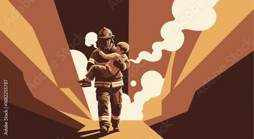 Stylized illustration of a heroic firefighter carrying a child out of a smoky, dangerous scene, symbolizing rescue and bravery.