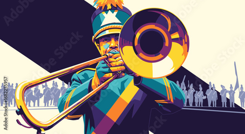 A colorful pop art style illustration of a musician in a marching band uniform playing the trombone during a parade.