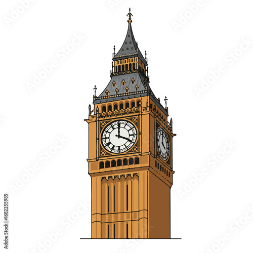 Elizabeth Tower, Big Ben, shown in a dynamic 2D flat vector illustration, emphasizing its detailed clock face, minimalist clean lines, solid colors, and isolated white background.