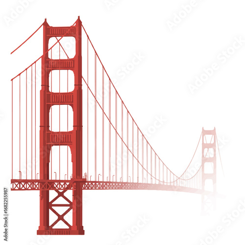 A minimalist 2D flat vector illustration depicts the Golden Gate Bridge on a foggy morning, emphasizing its iconic towers and suspension cables with clean lines and solid colors.