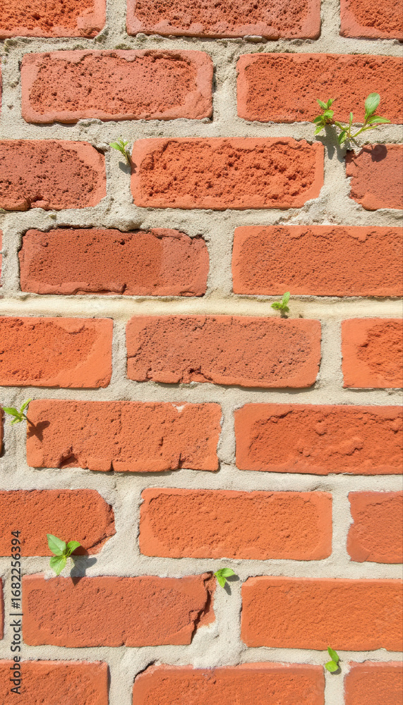 Obraz premium Red brick wall with green plants growing in the crevices 