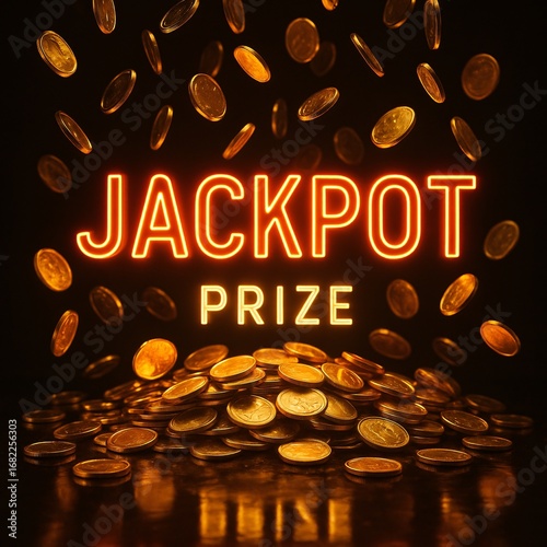 3D online casino jackpot banner with neon slogan, raining golden coins and glowing prize text