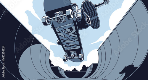 Dynamic low-angle illustration of a skateboarder catching air in a half-pipe.