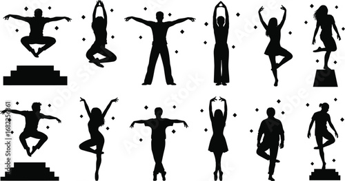 Dance Silhouettes of Ballet Poses with Decorative Elements, Graceful Movement, Artistic Performance, Stage Expression, Vector Illustration for Creative Use