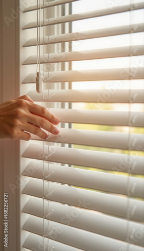 Hand adjusting window blinds to let sunlight into the room  