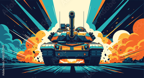 A powerful tank is depicted in a dynamic, graphic art style, with explosions and speed lines creating a sense of intense action.