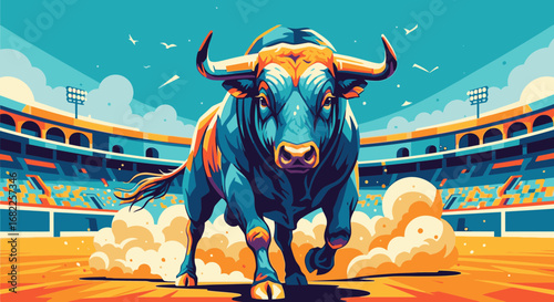A powerful, stylized bull with large horns charges forward in a vibrant, sunlit arena, kicking up dust.
